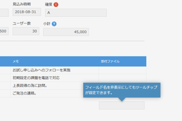 フィールド名非表示項目でのツールチップ