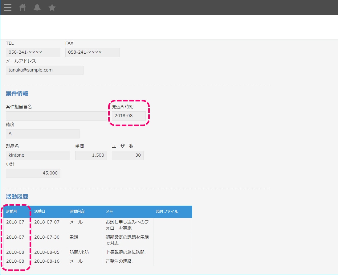 レコード詳細画面での年月の表示